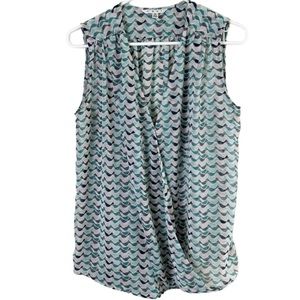 CAbi Tweet blue/green bird print sleeveless faux wrap blouse